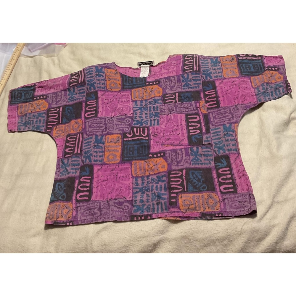 Vintage Placements Shirt Womens Large Purple Geometric Dolman Sleeve Boxy Top